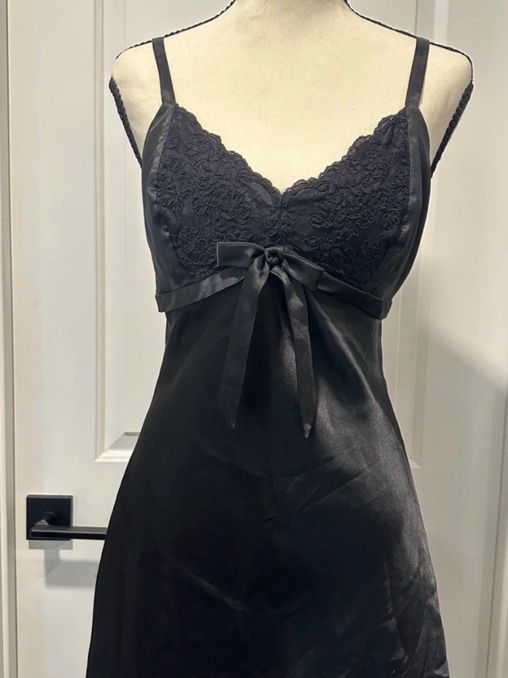 Vintage Jokes NY Black Satin Lace Slip Dress with Bow